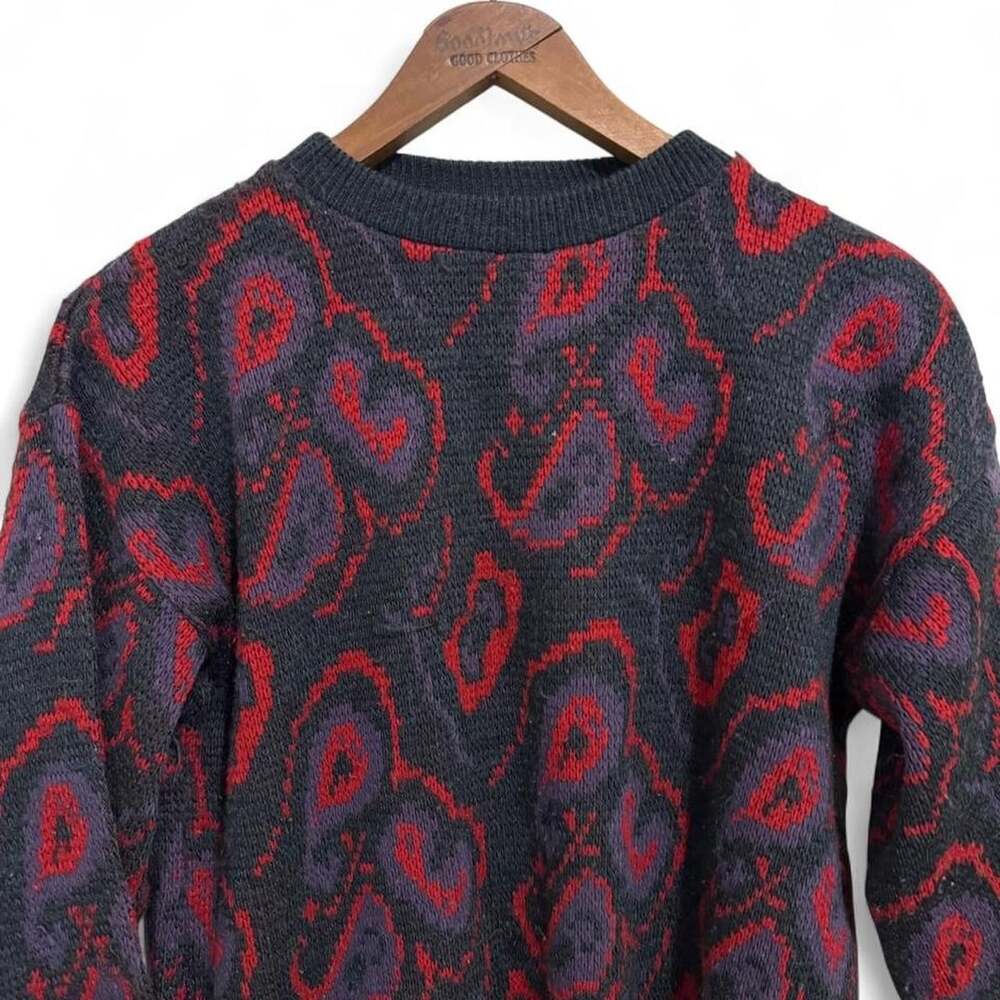 HERO Vintage Paisley Crewneck Sweater Size S Charcoal Red Purple Made in UK